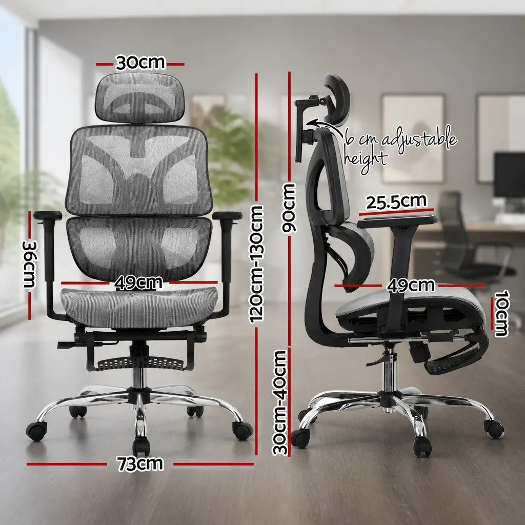 Ergonomic Office Chair Grey High Back Mesh Adjustable Headrest Retractable Footrest Swivel