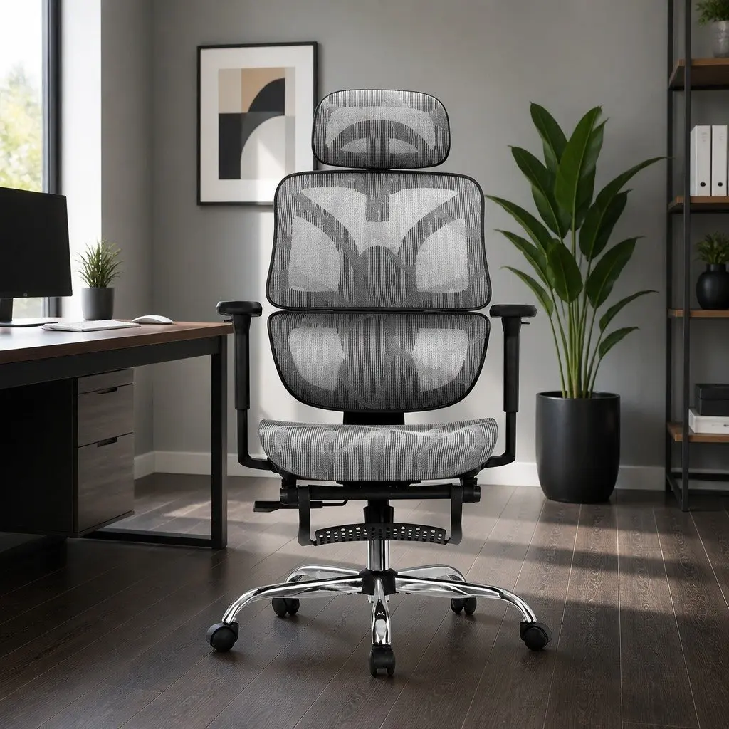 Ergonomic Office Chair Grey High Back Mesh Adjustable Headrest Retractable Footrest Swivel