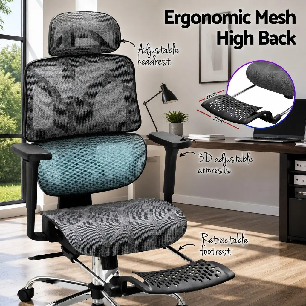 Ergonomic Office Chair Grey High Back Mesh Adjustable Headrest Retractable Footrest Swivel