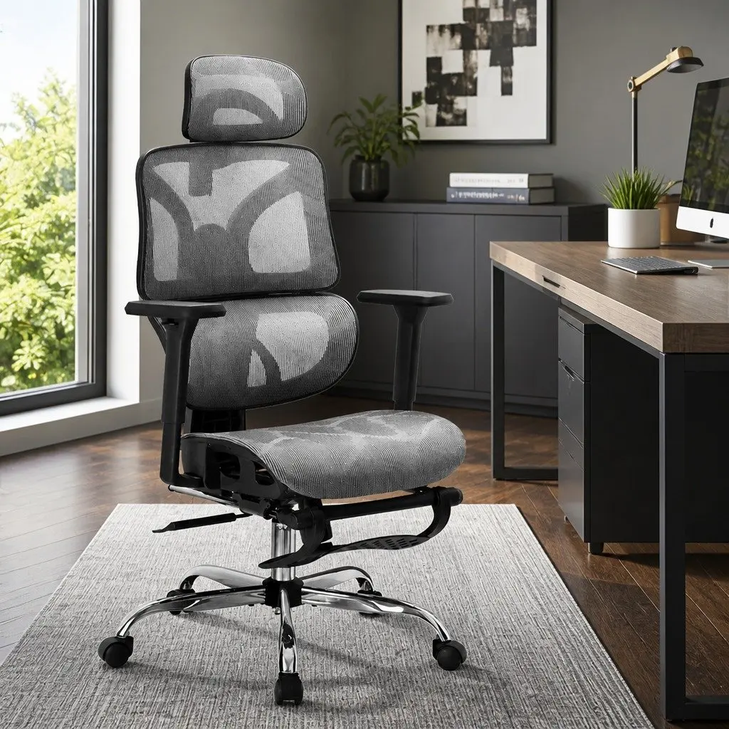 Ergonomic Office Chair Grey High Back Mesh Adjustable Headrest Retractable Footrest Swivel