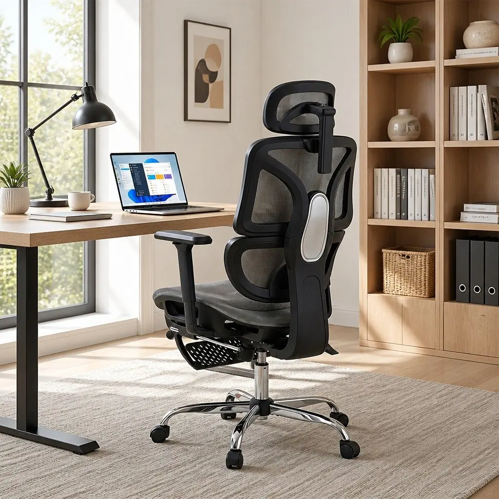 Ergonomic Office Chair Grey High Back Mesh Adjustable Headrest Retractable Footrest Swivel