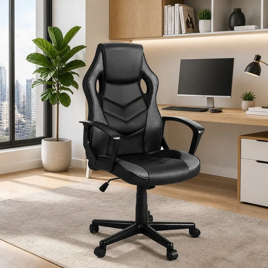 Office Chair Grey High-Back Adjustable Height Swivel Gaming Computer Desk Seat