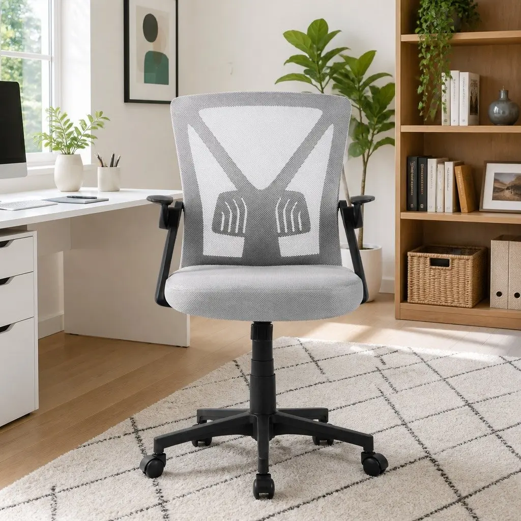 Mesh Office Chair Grey Mid Back Ergonomic Adjustable Lumbar Support Gas Lift
