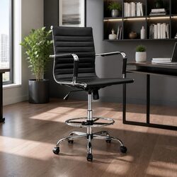 Office Drafting Stool Black PU Leather Chair Adjustable Height Rotatable Desk