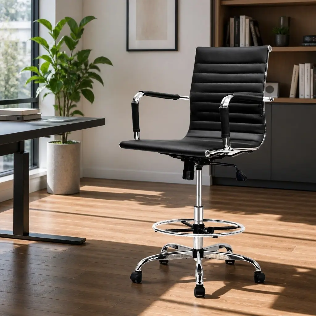 Office Drafting Stool Black PU Leather Chair Adjustable Height Rotatable Desk