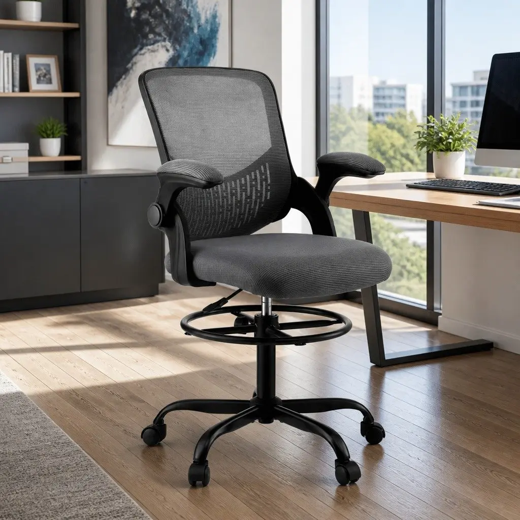 Office Drafting Chair Grey Adjustable Height Mesh Backrest with Footrest
