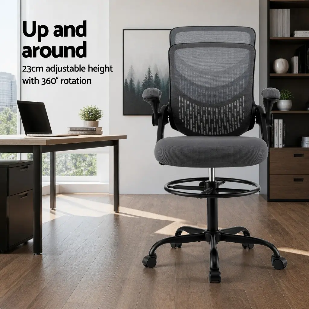 Office Drafting Chair Grey Adjustable Height Mesh Backrest with Footrest
