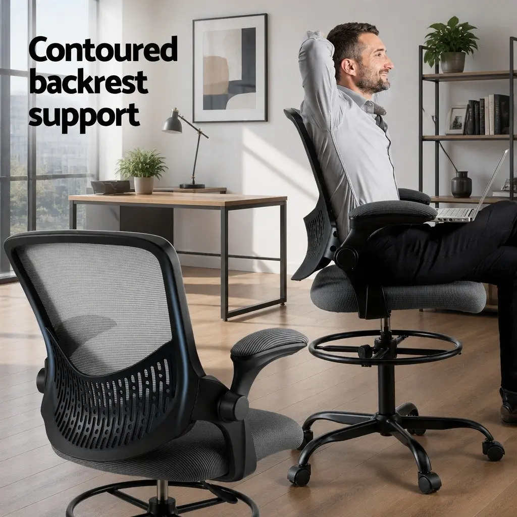 Office Drafting Chair Grey Adjustable Height Mesh Backrest with Footrest
