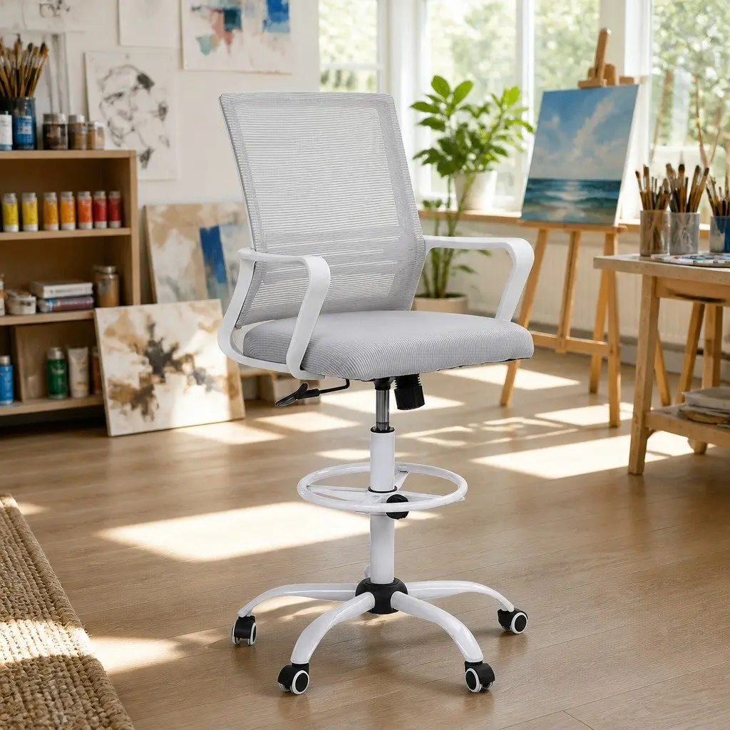 Office Drafting Chair White Height Adjustable Ergonomic Mesh Stool