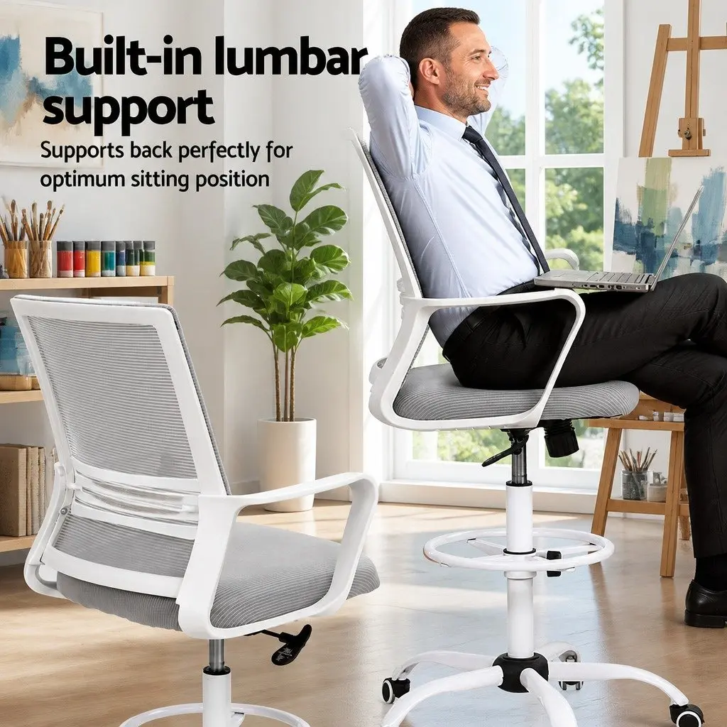 Office Drafting Chair White Height Adjustable Ergonomic Mesh Stool