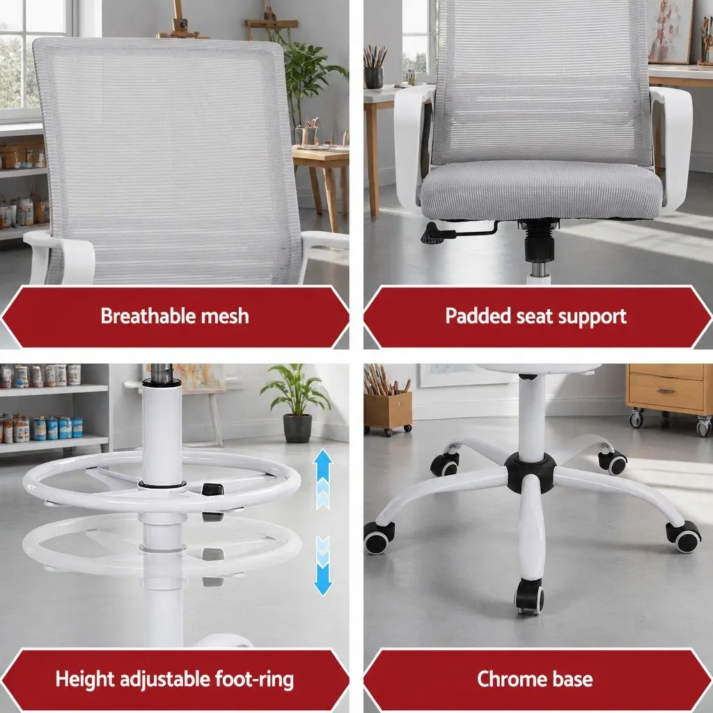 Office Drafting Chair White Height Adjustable Ergonomic Mesh Stool