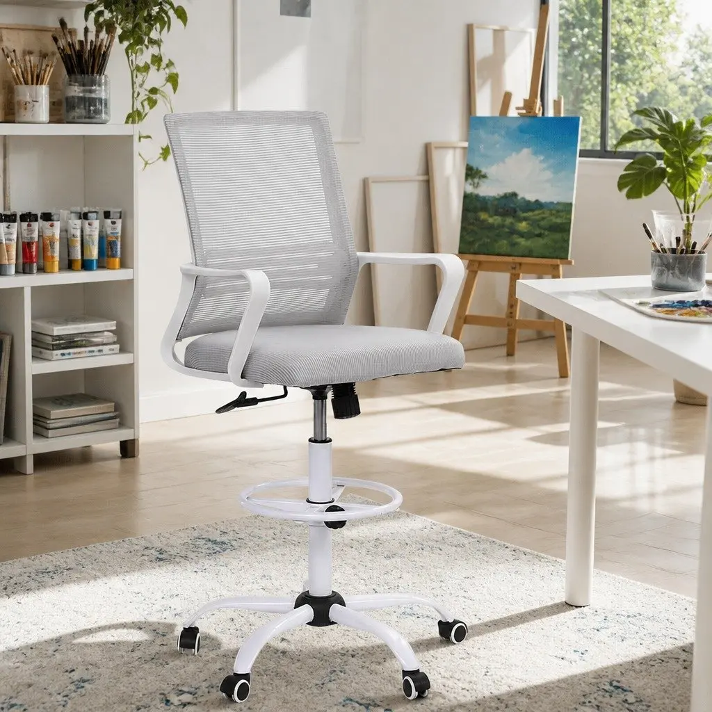 Office Drafting Chair White Height Adjustable Ergonomic Mesh Stool