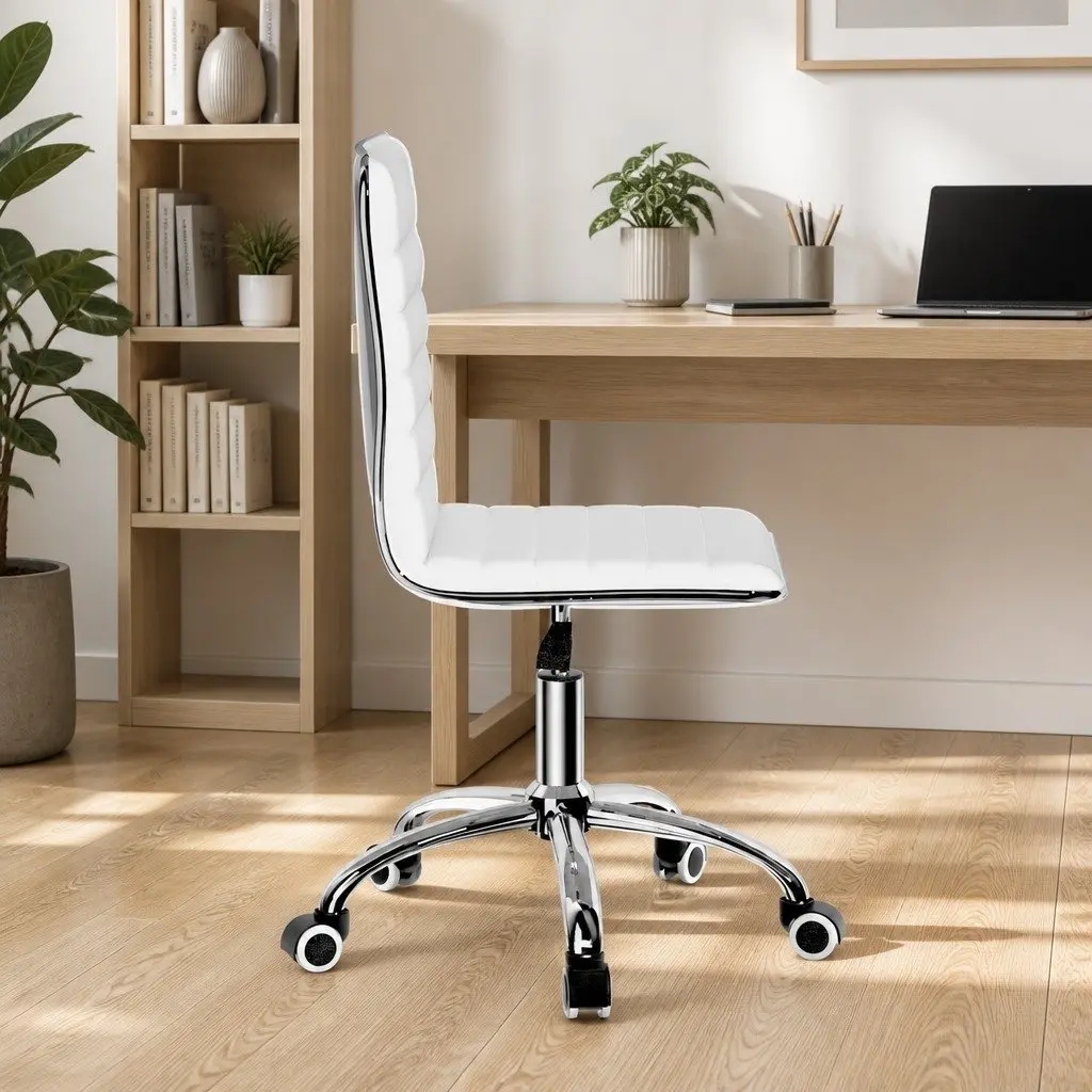 Office Chair White Low Back Rotatable PU Leather Padded Seat