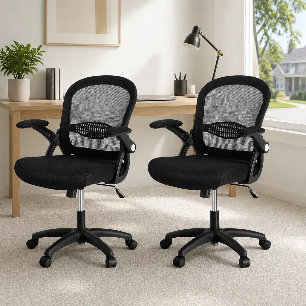 Mesh Office Chair Black Mid Back Breathable with Adjustable Height and 90 Flip-Up Armrests 2 Piece