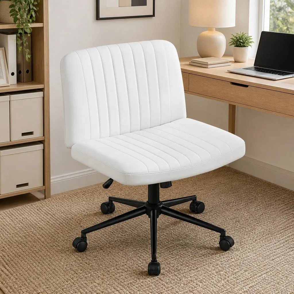 Office Chair White Adjustable Height Armless Swivel U-shaped Seat with Wheels