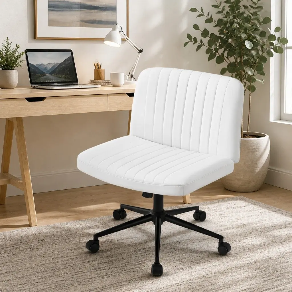 Office Chair White Adjustable Height Armless Swivel U-shaped Seat with Wheels
