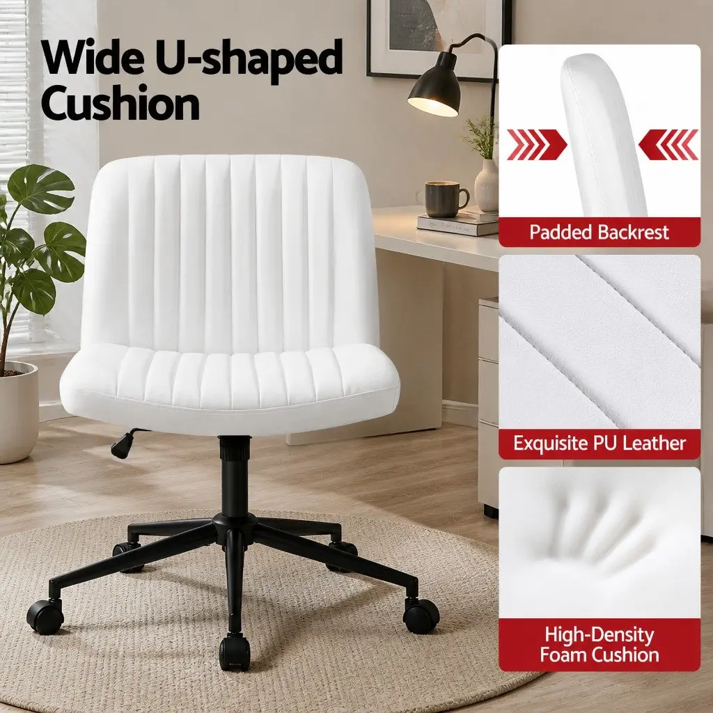 Office Chair White Adjustable Height Armless Swivel U-shaped Seat with Wheels