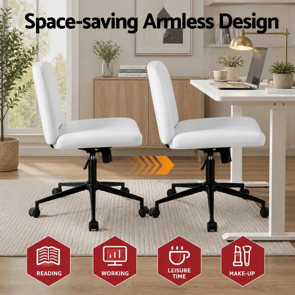 Office Chair White Adjustable Height Armless Swivel U-shaped Seat with Wheels