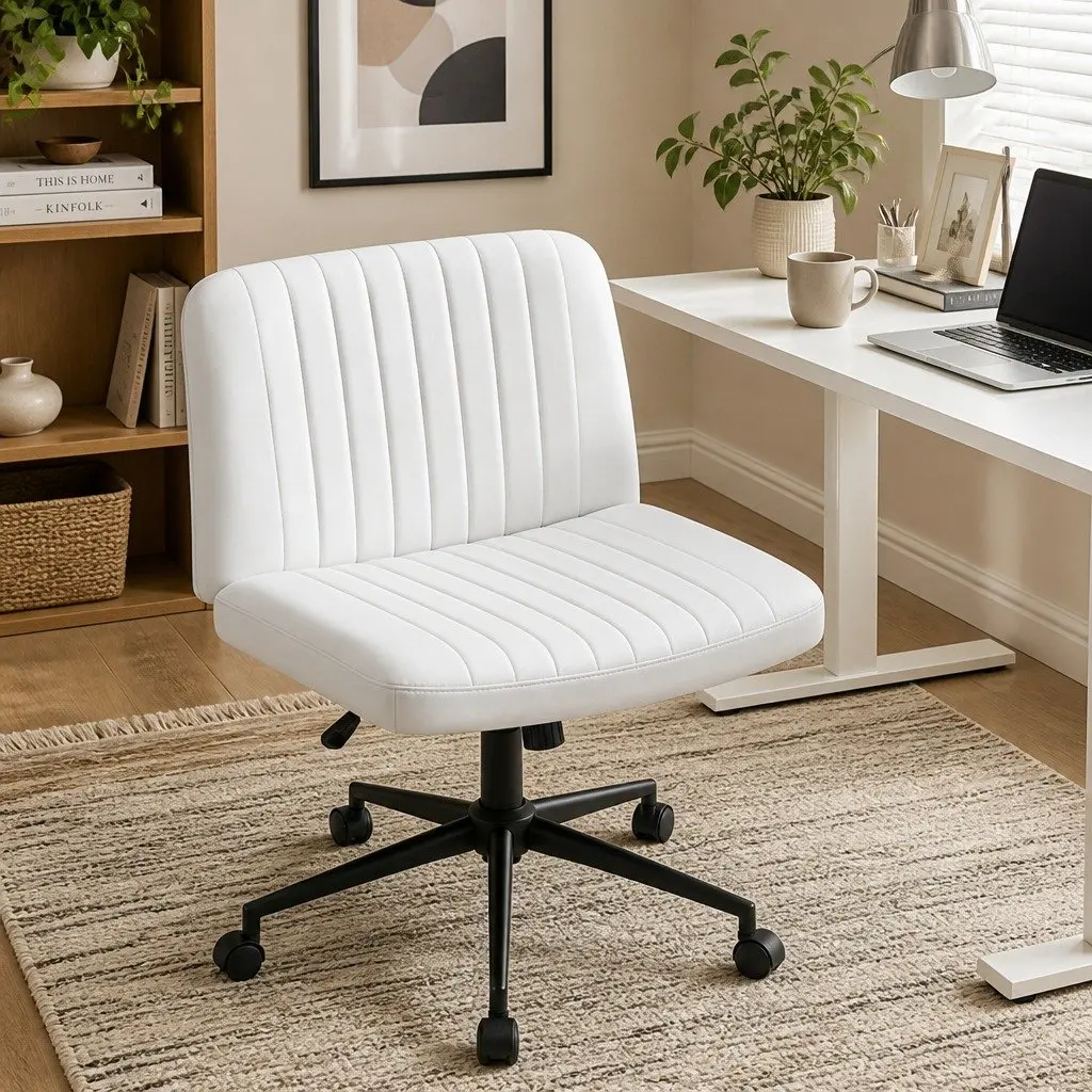 Office Chair White Adjustable Height Armless Swivel U-shaped Seat with Wheels