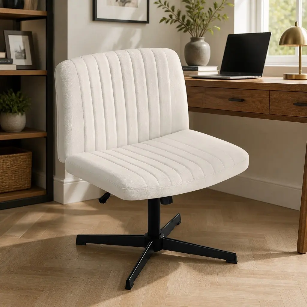 Criss Cross Office Chair Beige Armless Swivel Adjustable Height U Shaped Seat