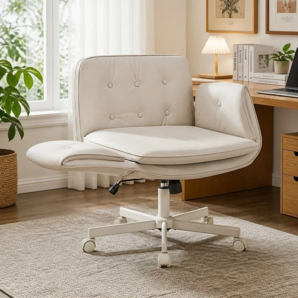 Criss Cross Office Chair Beige Adjustable Armrests 360° Swivel Desk Chair