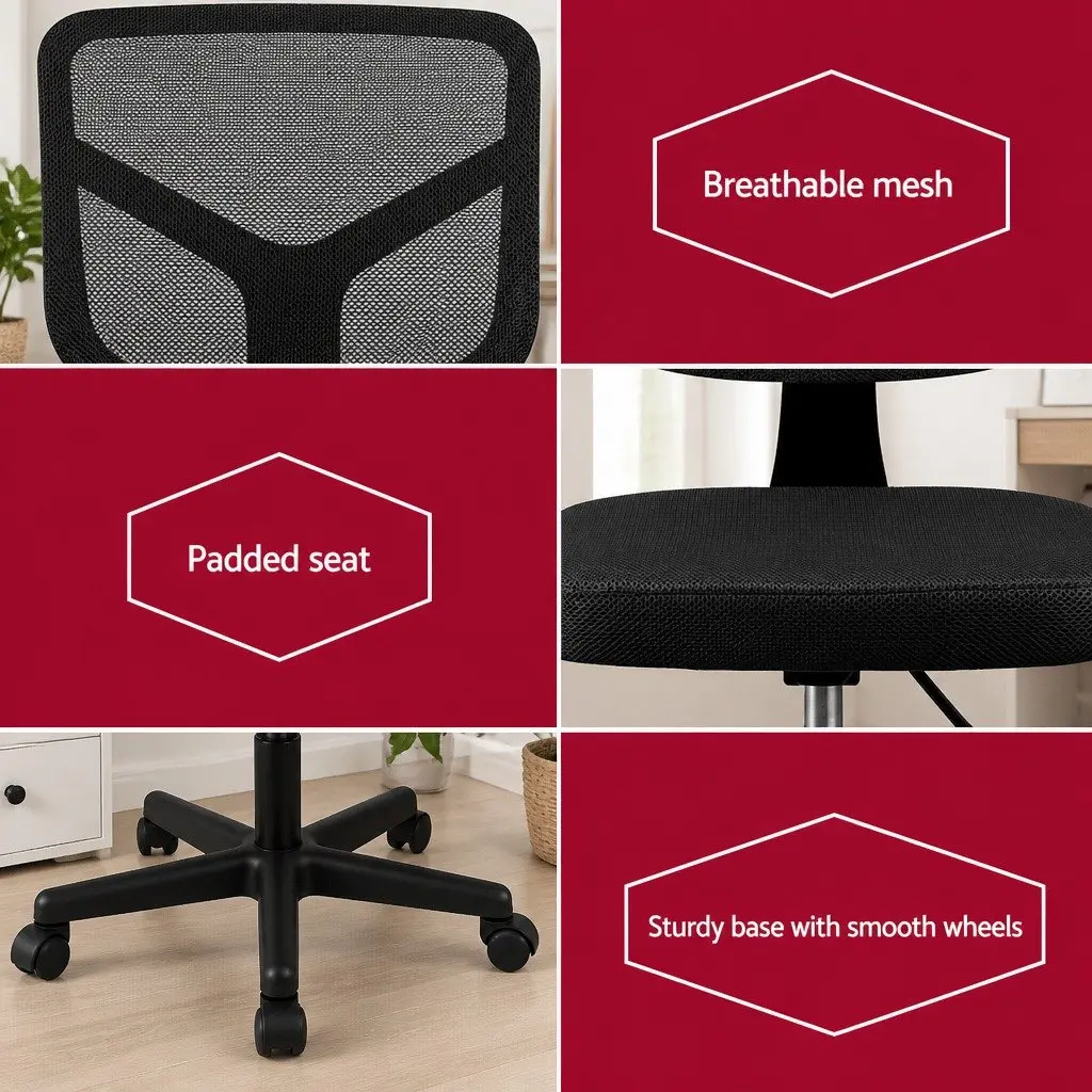 Office Chair Black Height Adjustable Ergonomic Mesh Back 360° Swivel Armless