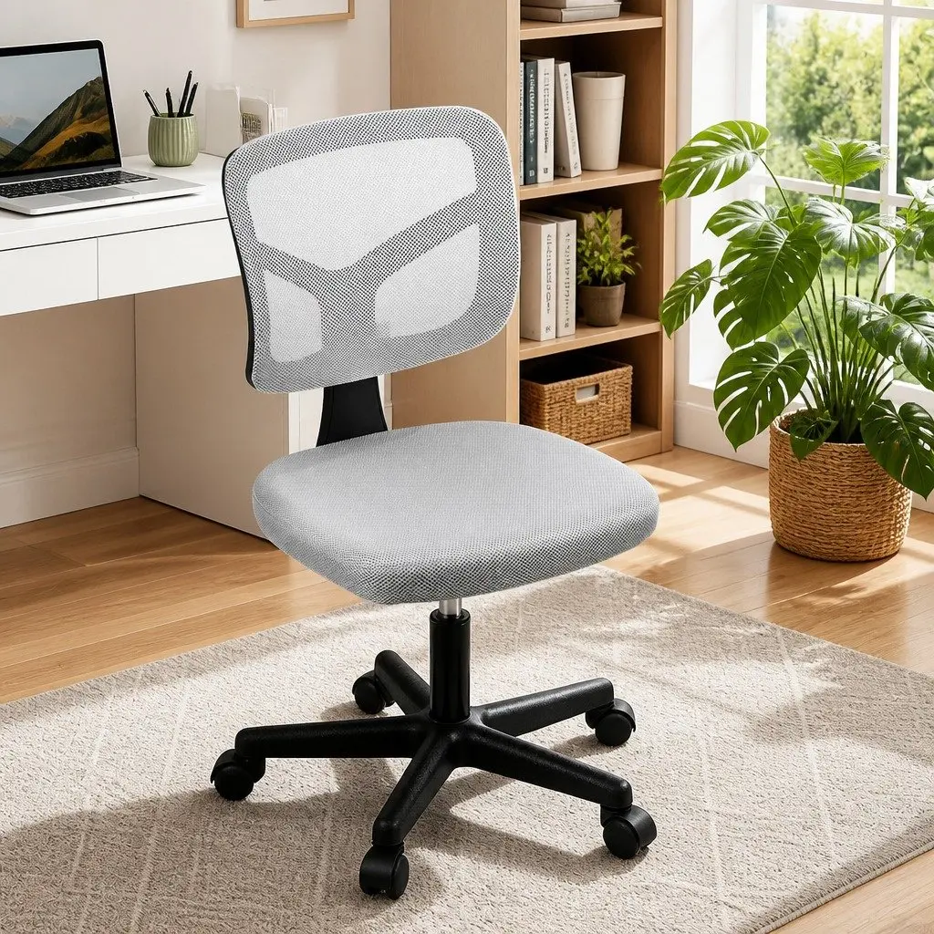 Armless Office Chair Grey Ergonomic Mesh Back 360° Swivel Height Adjustable
