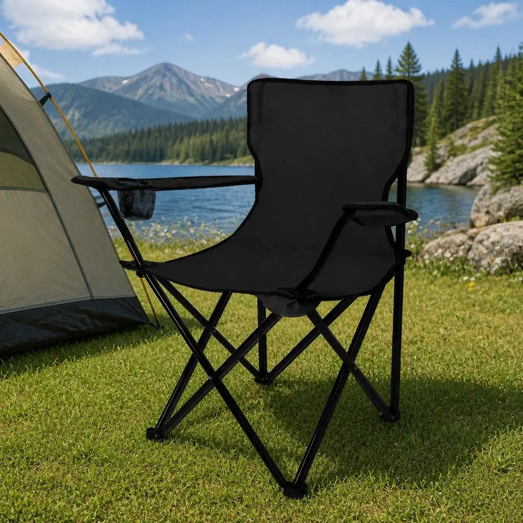 Folding Camping Chairs Portable Outdoor Armchair with Drink Holder Black Pack