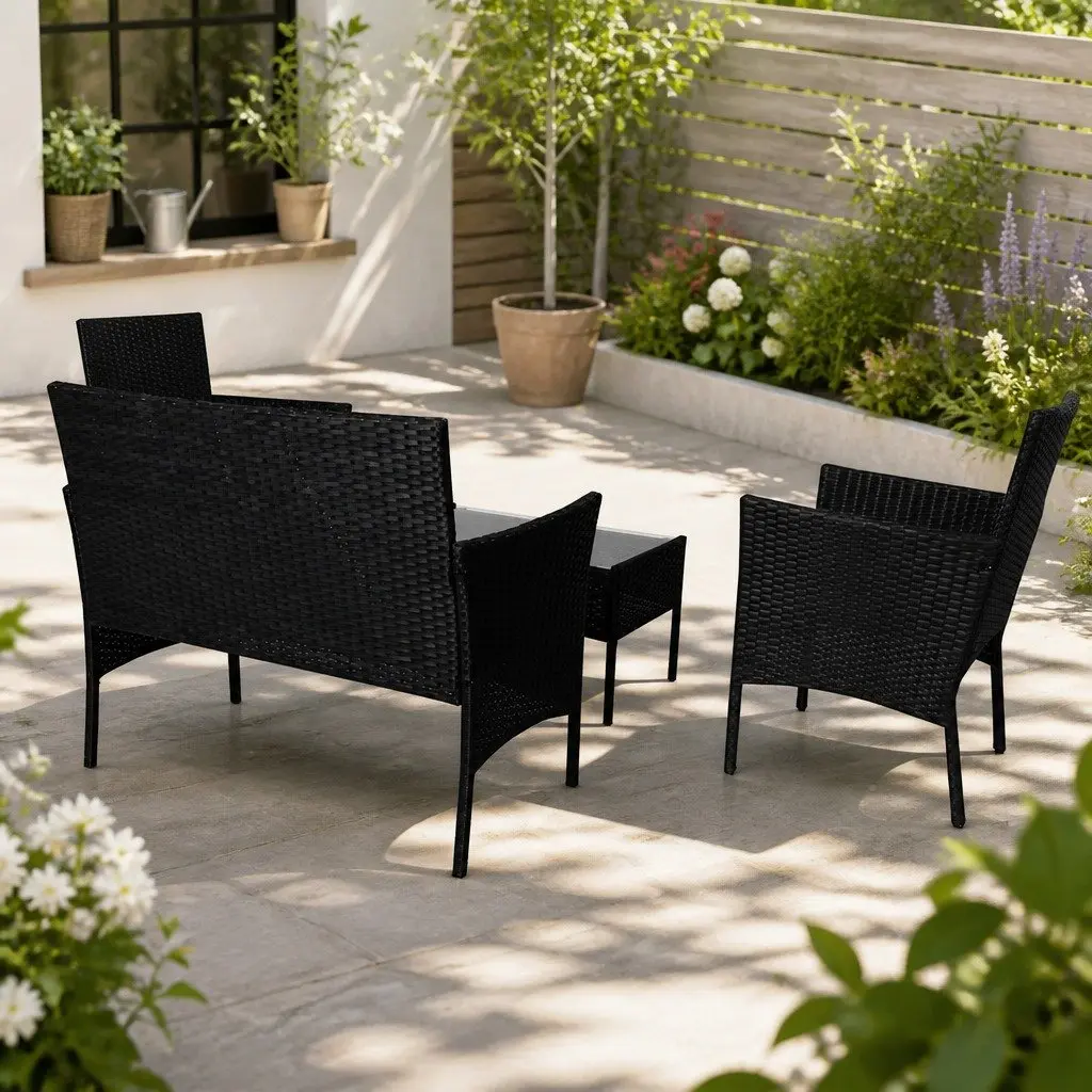4 Piece Outdoor Furniture Setting Black Wicker Chairs Table Lounge Weather Resistant