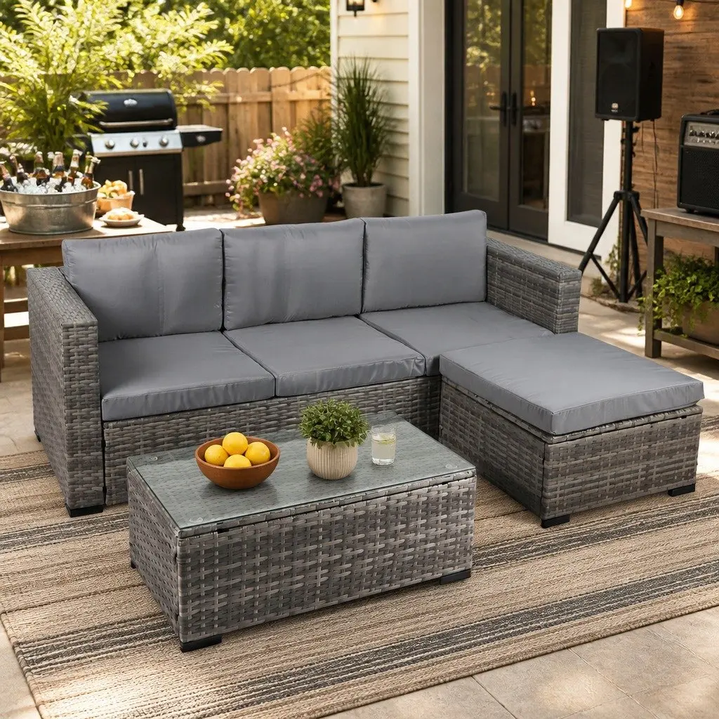 5-Piece Outdoor Lounge Set Mixed Grey 3-Seater Sofa Coffee Table Ottoman Garden Furniture