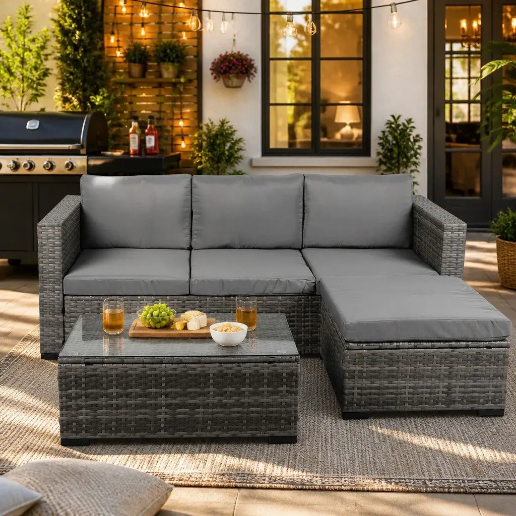5-Piece Outdoor Lounge Set Mixed Grey 3-Seater Sofa Coffee Table Ottoman Garden Furniture