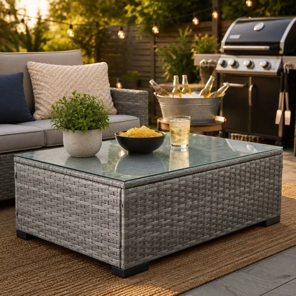 5-Piece Outdoor Lounge Set Mixed Grey 3-Seater Sofa Coffee Table Ottoman Garden Furniture