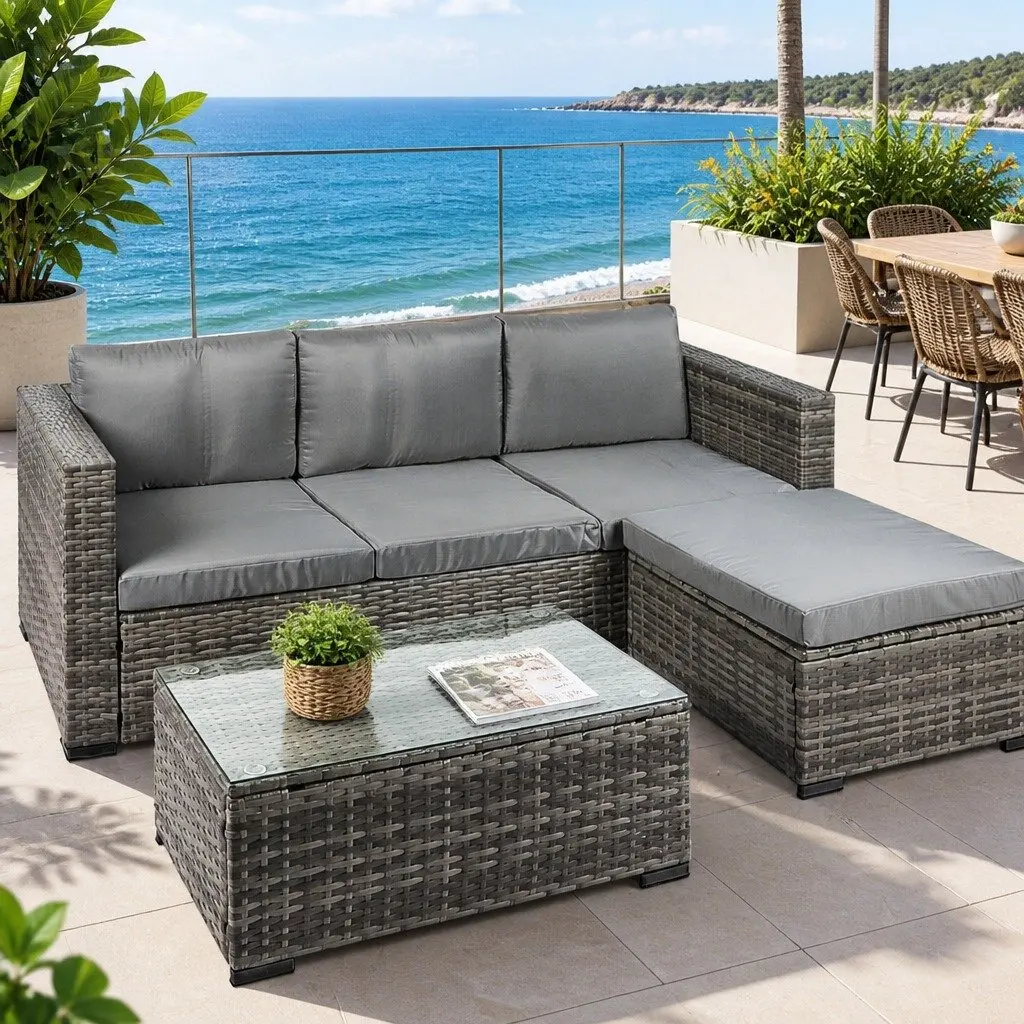 5-Piece Outdoor Lounge Set Mixed Grey 3-Seater Sofa Coffee Table Ottoman Garden Furniture
