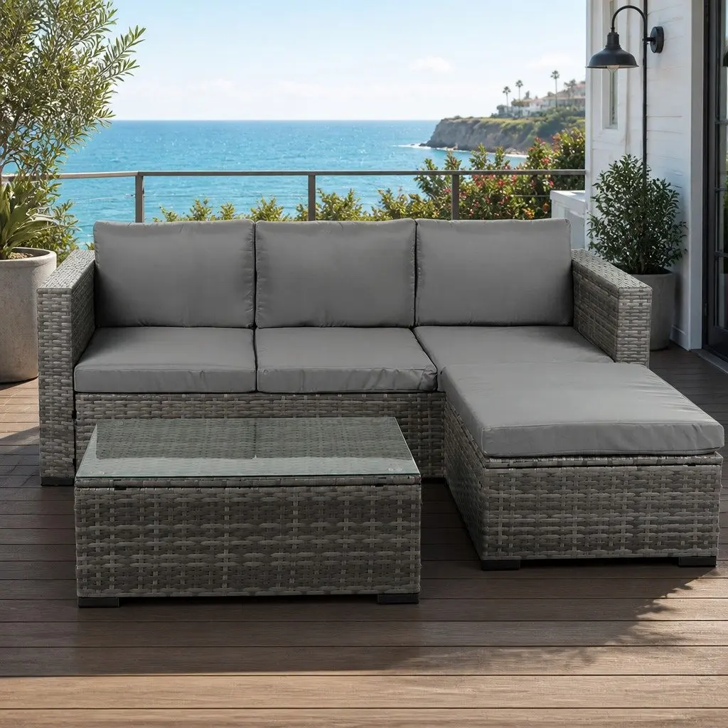 5-Piece Outdoor Lounge Set Mixed Grey 3-Seater Sofa Coffee Table Ottoman Garden Furniture