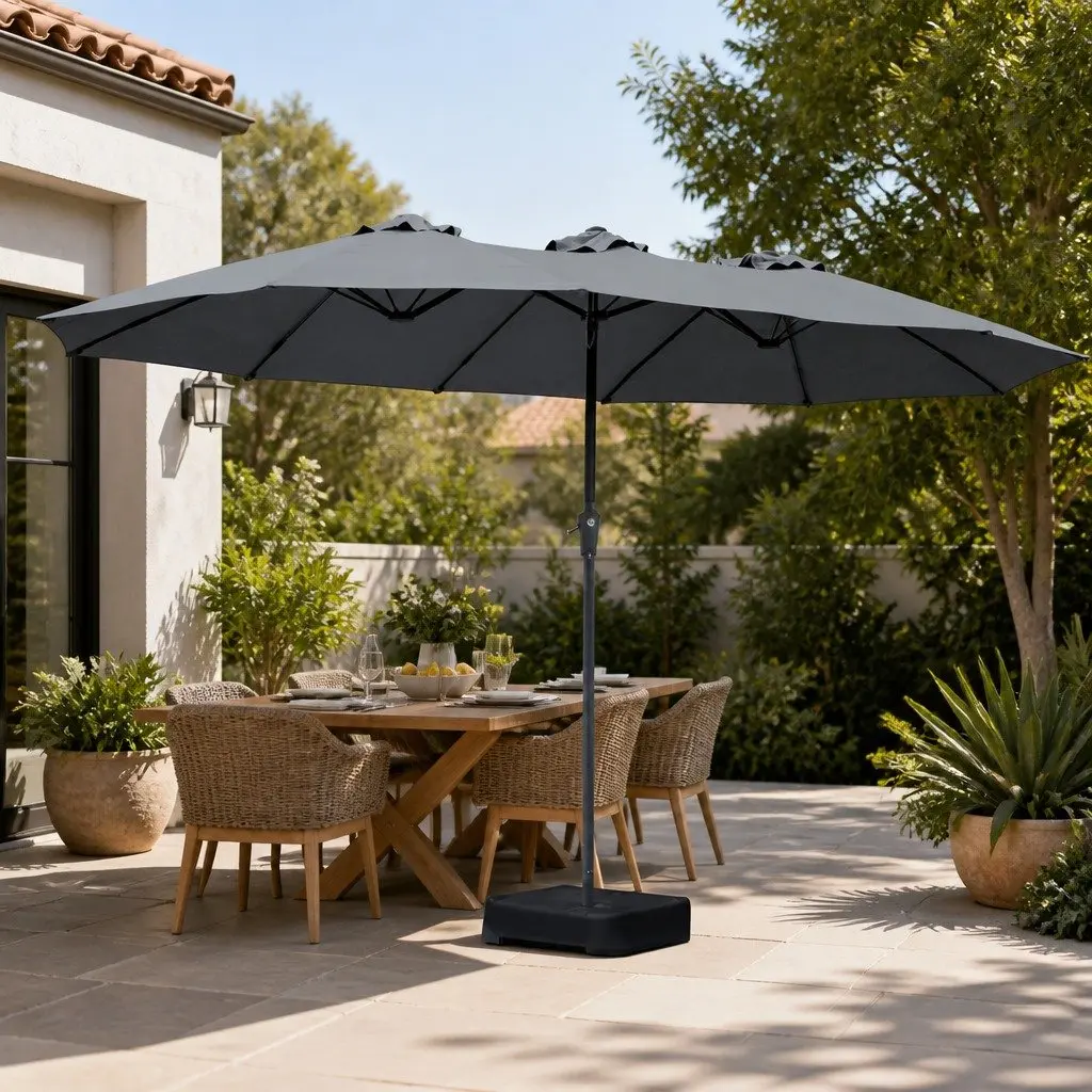 Double-Sided Patio Umbrella Grey 4.5M Outdoor Garden Shade with Stand Base
