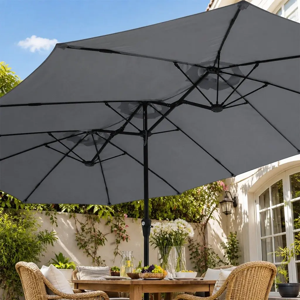 Double-Sided Patio Umbrella Grey 4.5M Outdoor Garden Shade with Stand Base