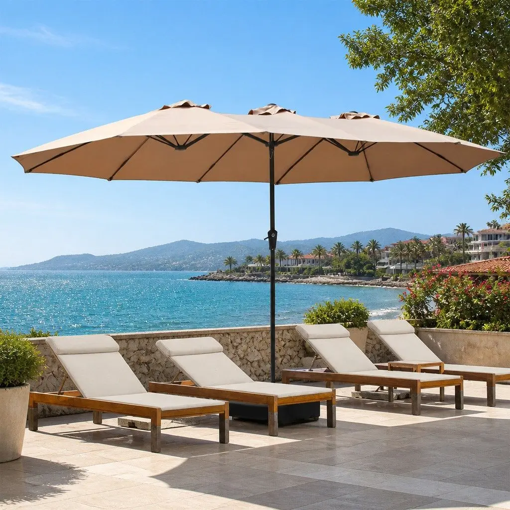 Double-Sided Patio Umbrella Khaki 4.5M Outdoor Shade with Stand Base