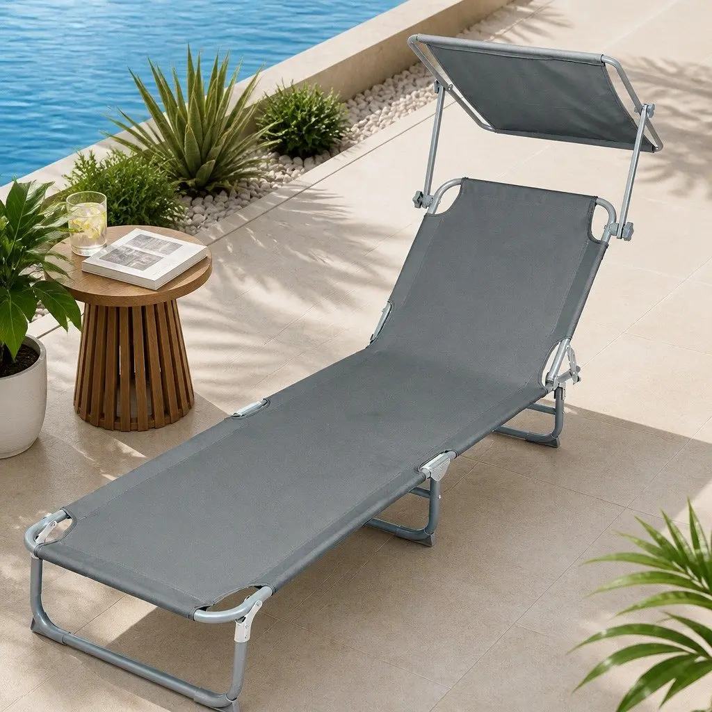 Foldable Lounge Chair Dark Grey 5 Position Adjustable Backrest with 360 Degree Rotating Canopy Shade for Outdoor Patio Beach Poolside