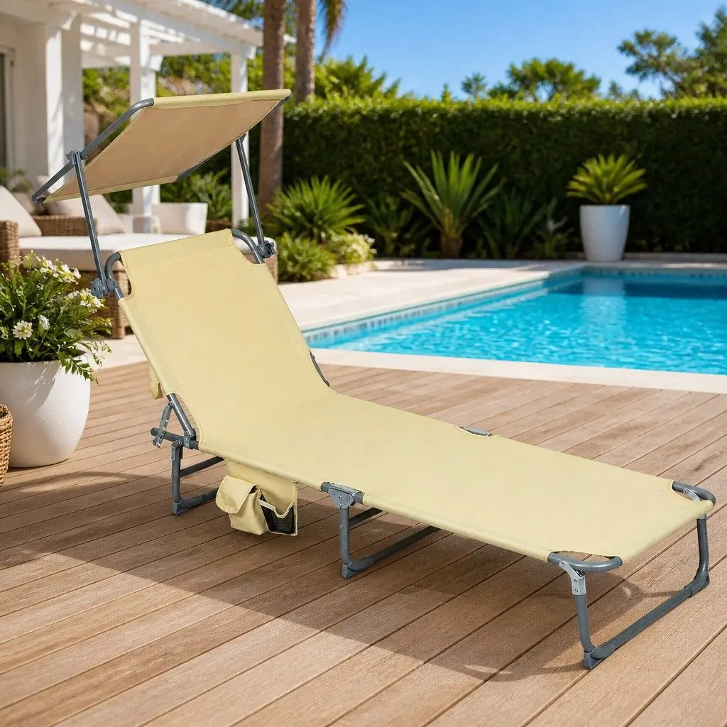 Foldable Lounge Chair Khaki Adjustable Backrest Removable Canopy Outdoor