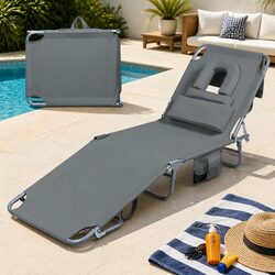 Foldable Beach Lounge Chair with Face Hole Adjustable Backrest Outdoor Patio