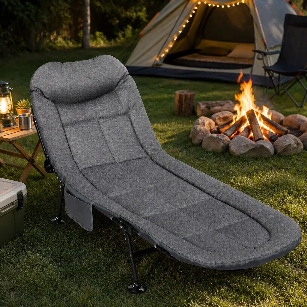 Folding Camping Cot Dark Grey 6-Position Adjustable Backrest Portable Outdoor Bed