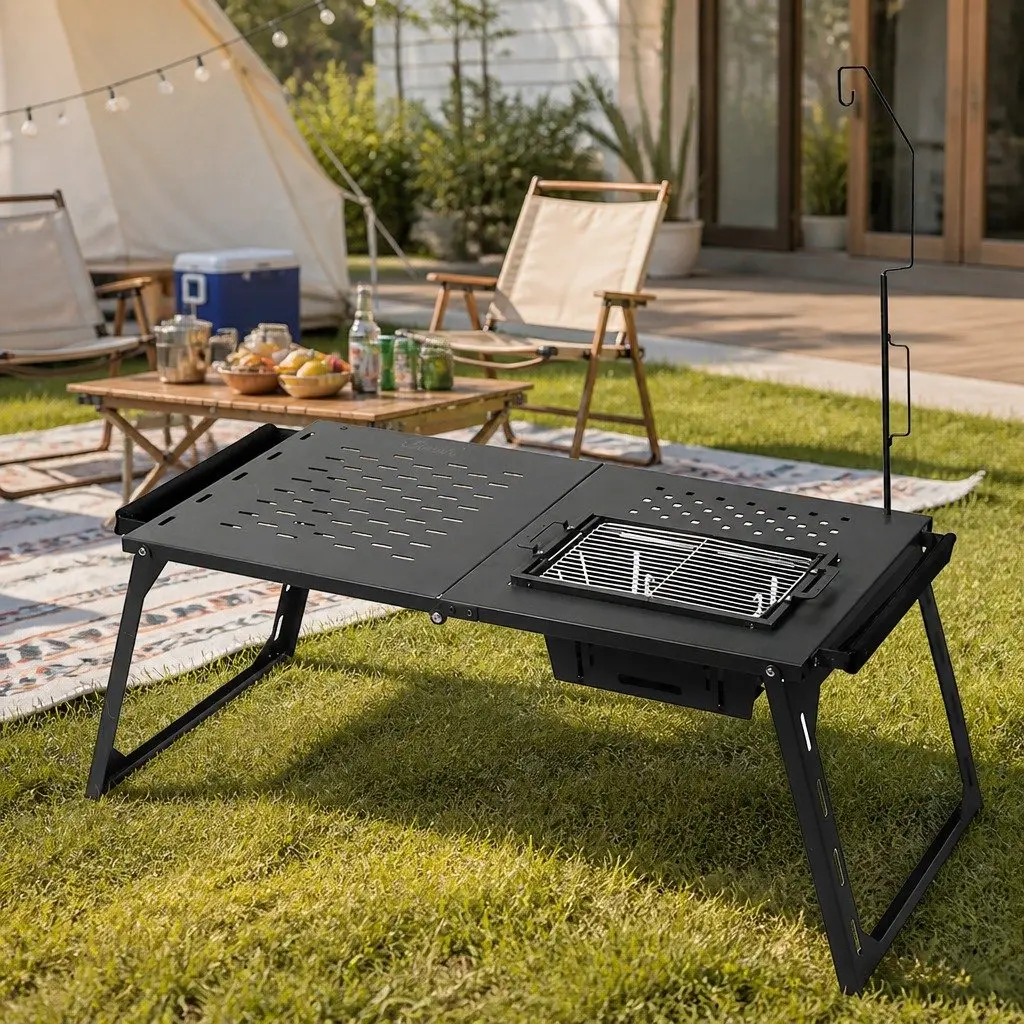 Folding BBQ Camping Table Black L Size Portable Multifunctional Grill Table Outdoor