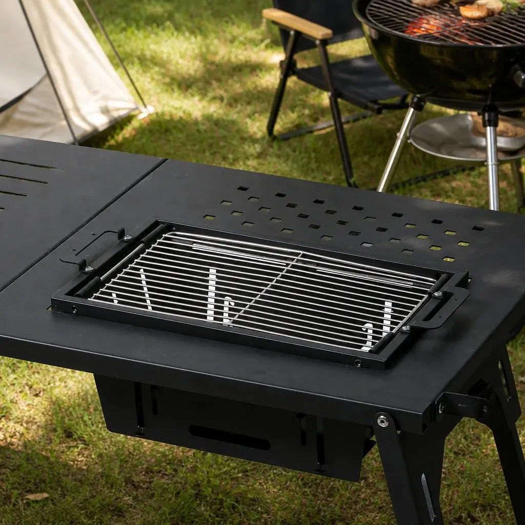 Folding BBQ Camping Table Black L Size Portable Multifunctional Grill Table Outdoor