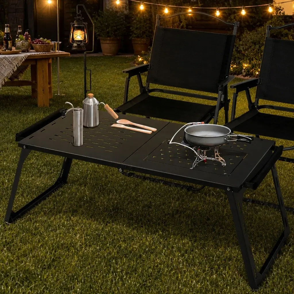 Folding BBQ Camping Table Black L Size Portable Multifunctional Grill Table Outdoor