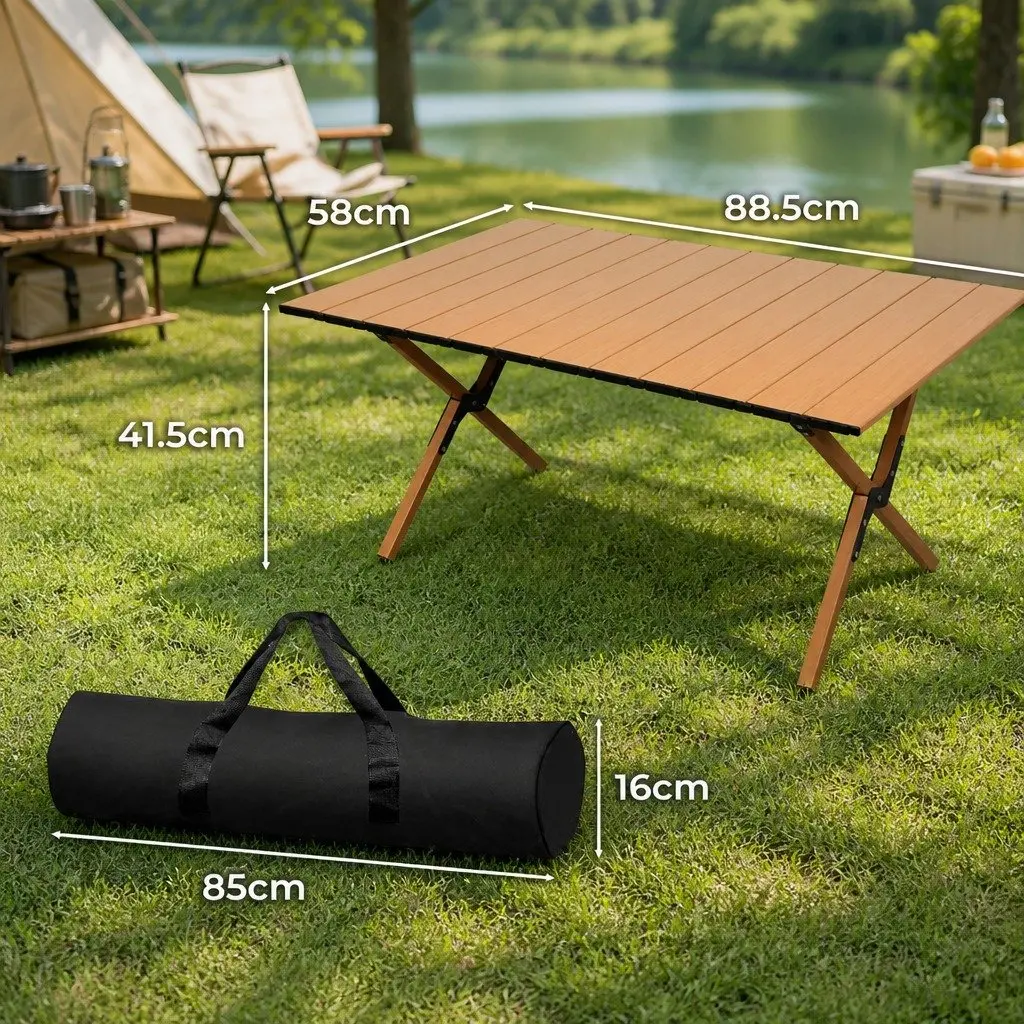 Folding Camping Table Oak Lightweight Portable Rollable Outdoor BBQ Prep Trestle