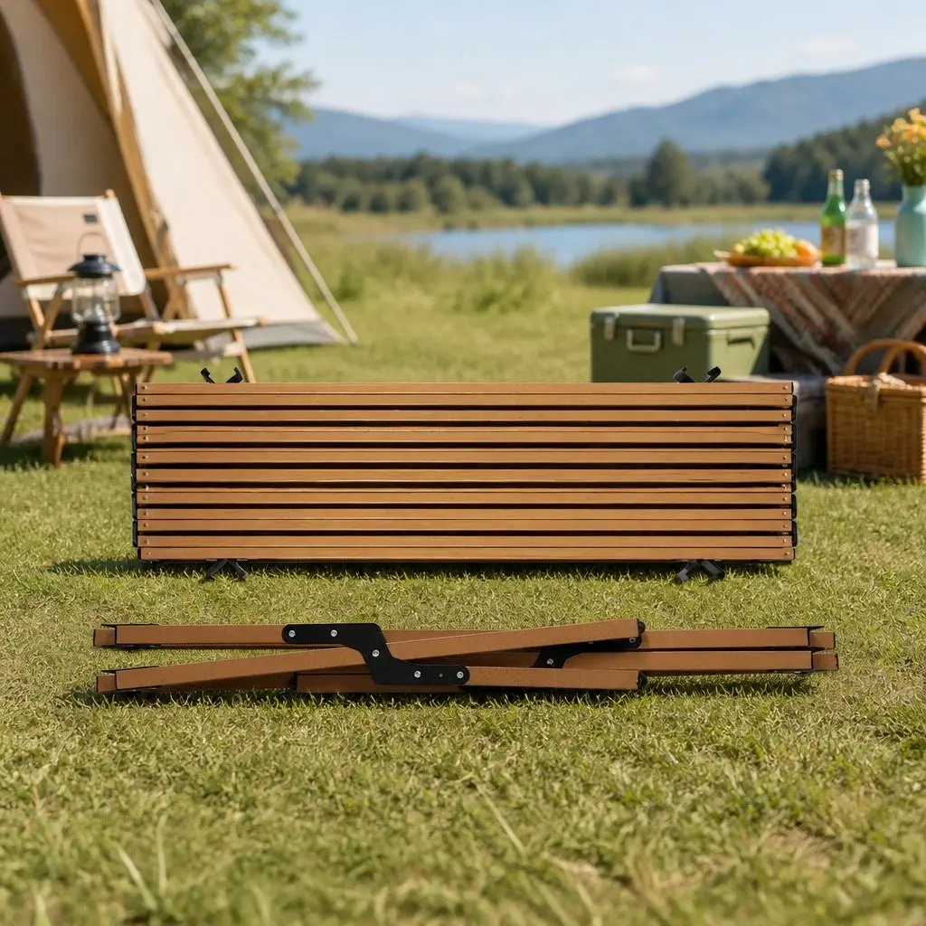 Folding Camping Table Oak Lightweight Portable Rollable Outdoor BBQ Prep Trestle