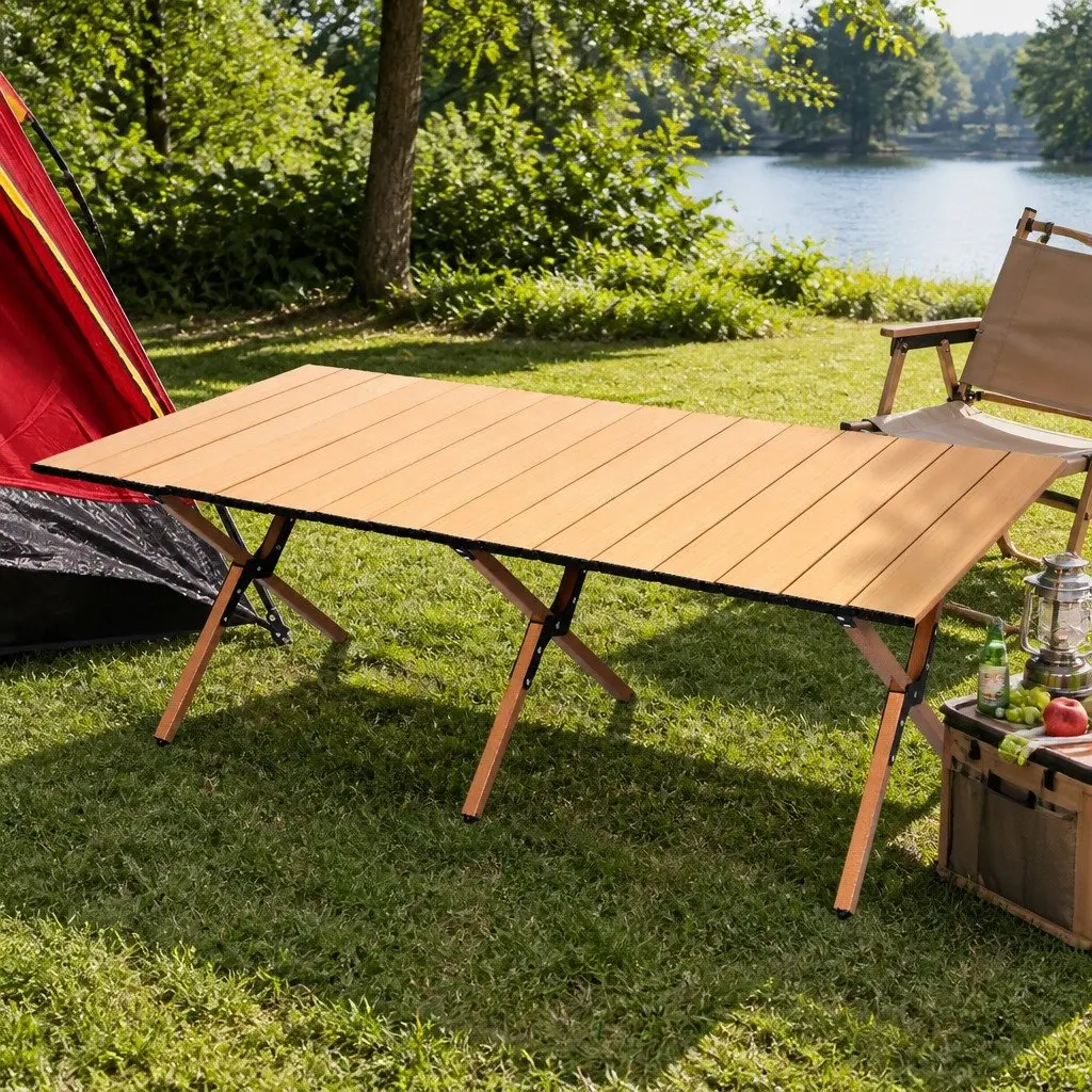 Folding Camping Table Oak Lightweight Portable Rollable Tabletop with Carry Bag