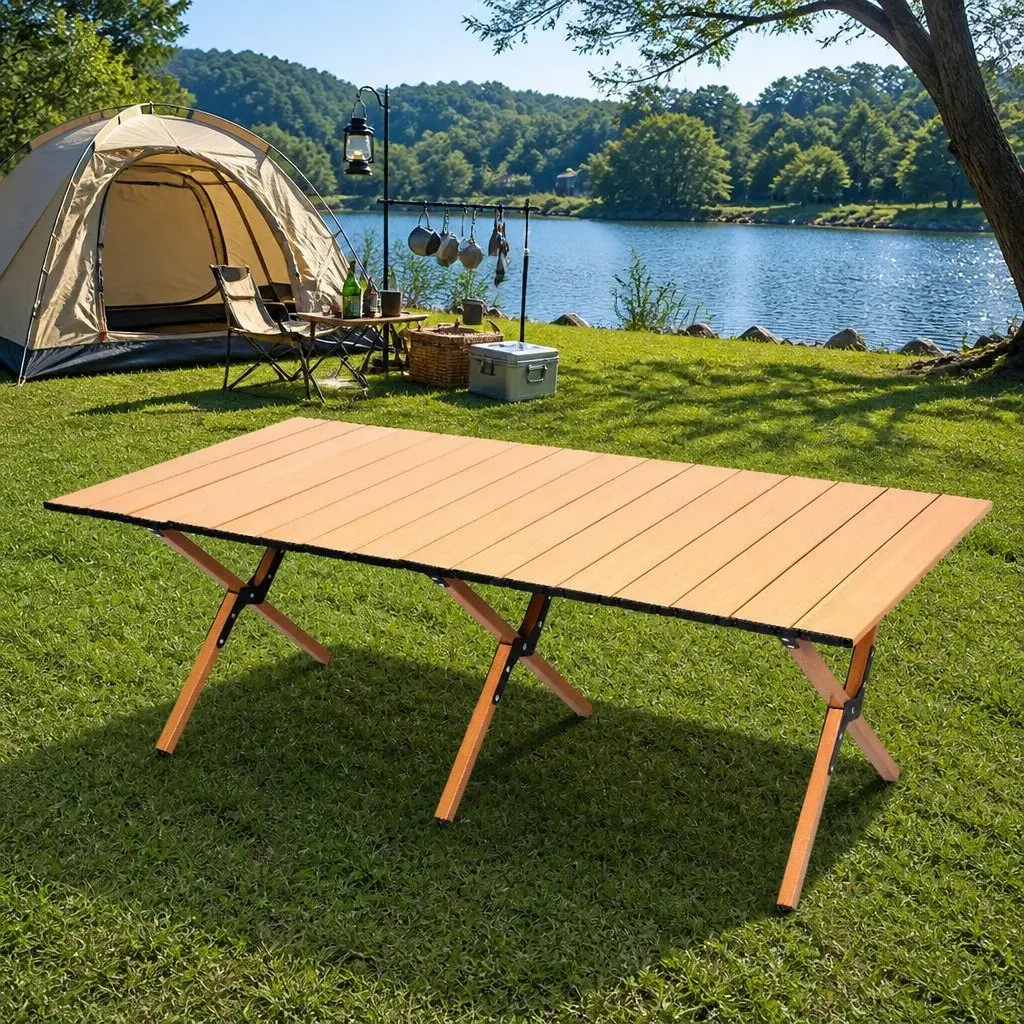 Folding Camping Table Oak Lightweight Portable Rollable Tabletop with Carry Bag