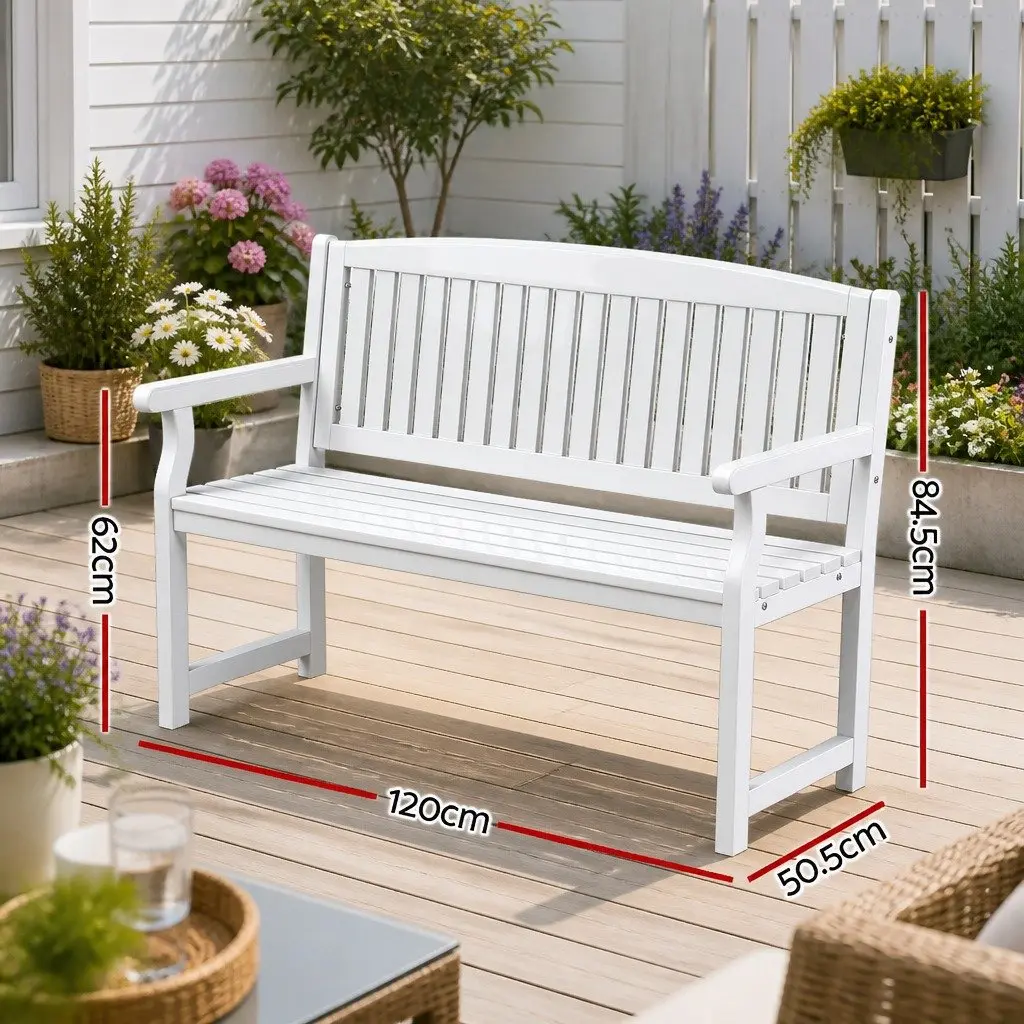 Wooden Garden Bench White 2 Seater Outdoor Patio Lounge Chair with Ventilated Backrest