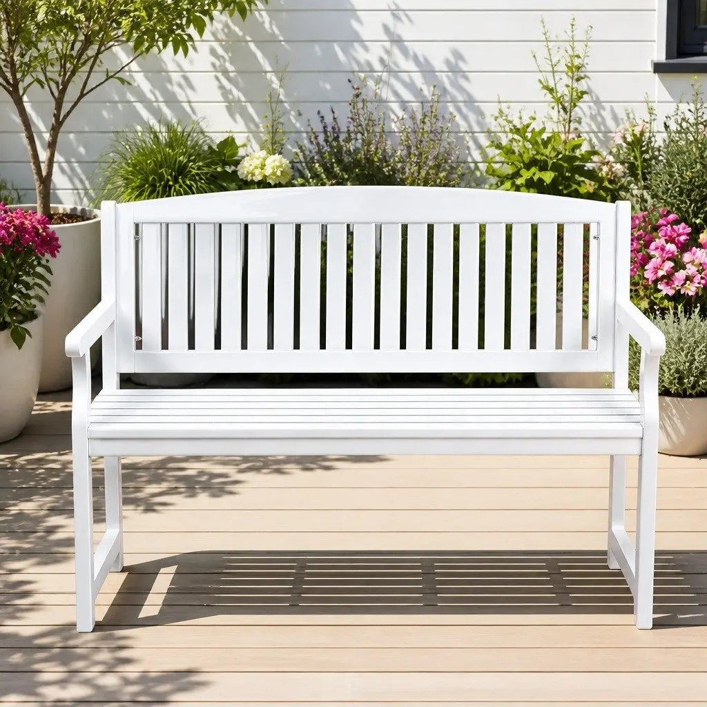 Wooden Garden Bench White 2 Seater Outdoor Patio Lounge Chair with Ventilated Backrest